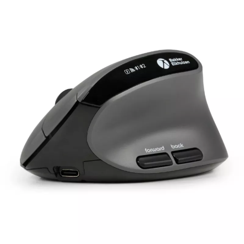 BakkerElkhuizen MidWay pelė dešinei rankai, vertikalaus dizaino, optinė, RF Wireless + Bluetooth + USB Type-C, 2400 DPI, pilka, juoda