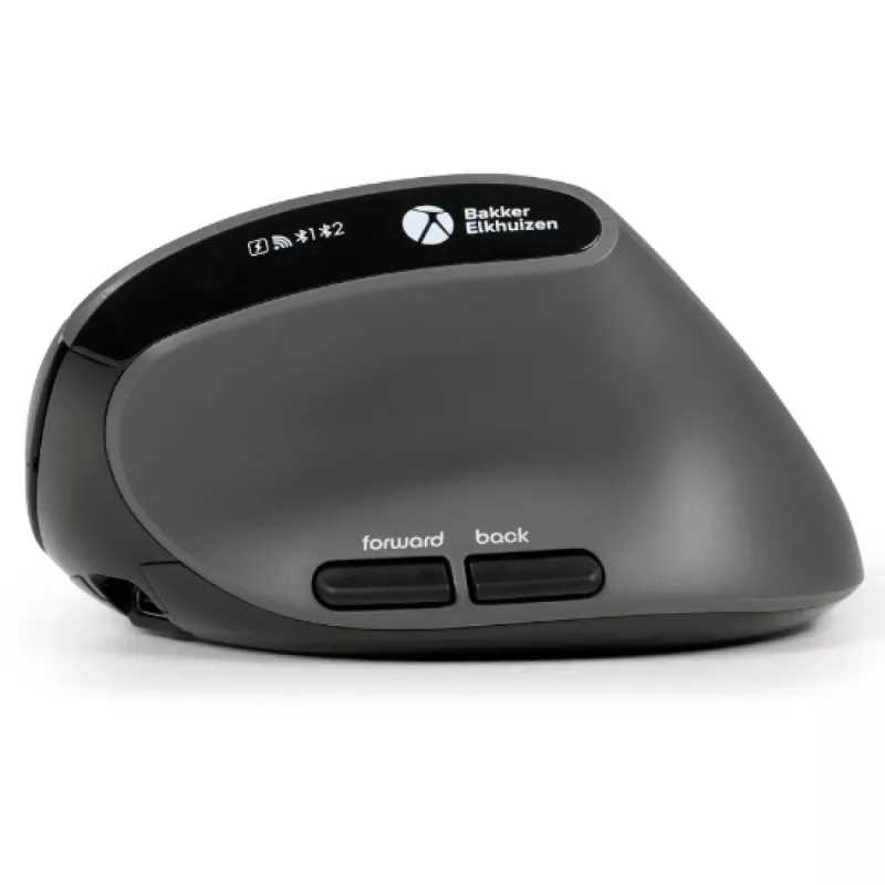 BakkerElkhuizen MidWay pelė dešinei rankai, vertikalaus dizaino, optinė, RF Wireless + Bluetooth + USB Type-C, 2400 DPI, pilka, juoda