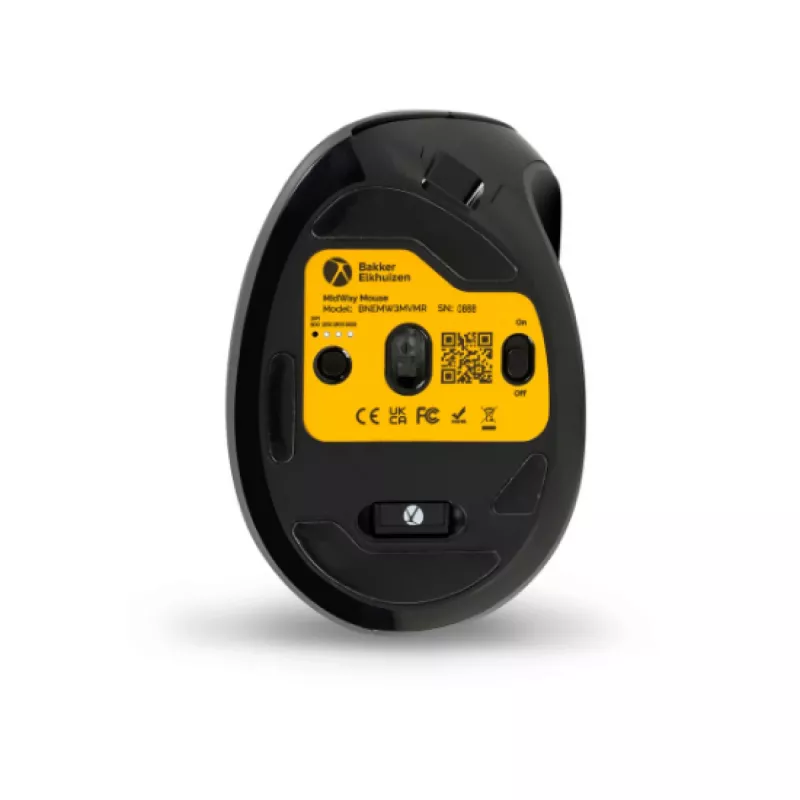 BakkerElkhuizen MidWay pelė dešinei rankai, vertikalaus dizaino, optinė, RF Wireless + Bluetooth + USB Type-C, 2400 DPI, pilka, juoda