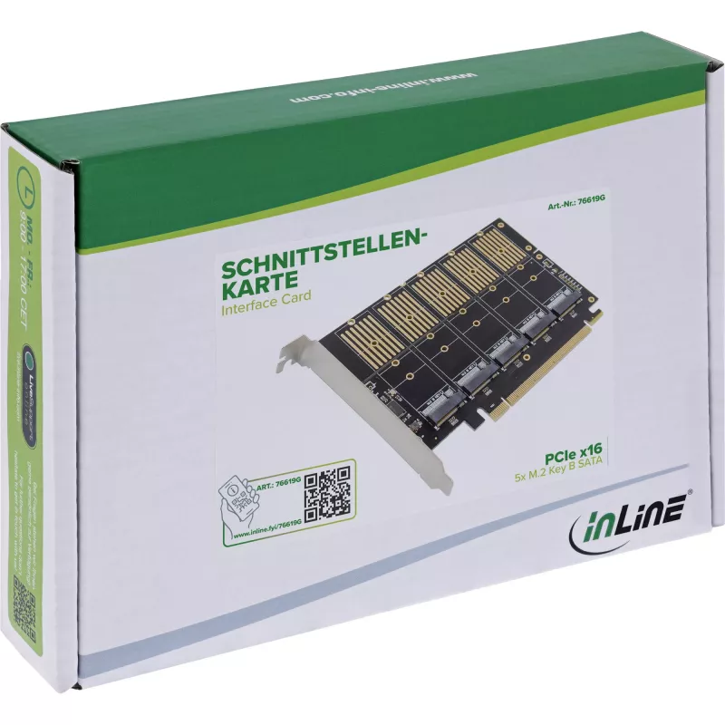 InLine 76619G sąsajos plokštė, PCIe x16 į 5x M.2 Key B SATA, su žemo profilio laikikliu