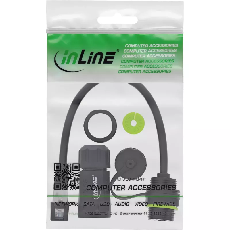 InLine 69927K adapter RJ45 lizdas į kištuką su 20 cm kabeliu, Cat.6A, IP68, M20