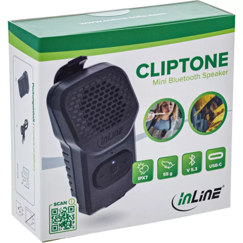 Nešiojamas mono garsiakalbis InLine 55398 — juodas, garsiakalbio skersmuo 2,8 cm, Bluetooth 2,4 GHz (10 m atstumas)