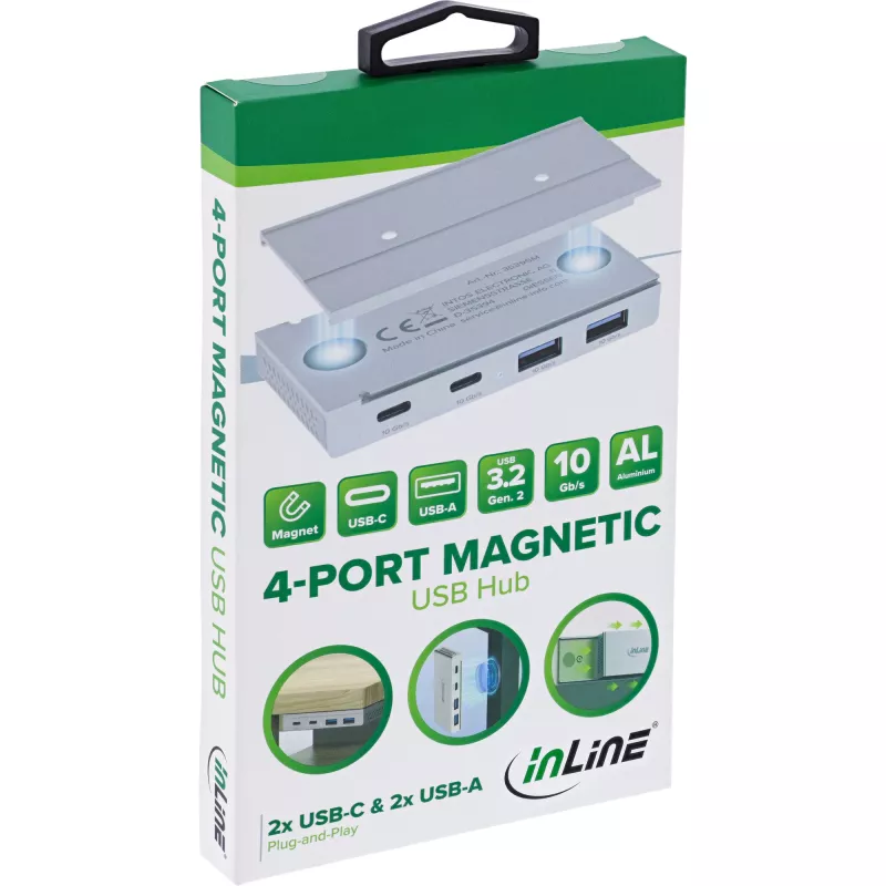 InLine 35395M USB 3.2 Gen 2 (3.1 Gen 2) Type-C 4 prievadų magnetinis šakotuvas, 10 Gbit/s, sidabrinis