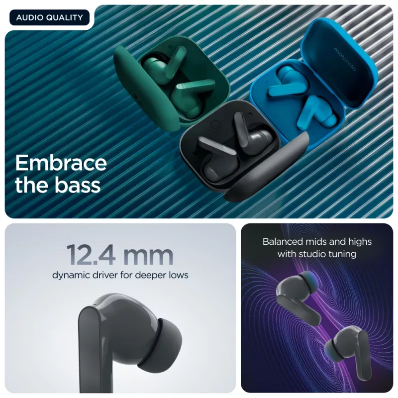 Ausinės MOTOROLA Moto Buds Bass TWS belaidės į ausį skambučiams ir muzikai, juodos, 51 g