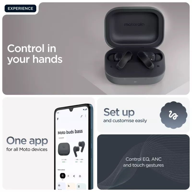 Ausinės MOTOROLA Moto Buds Bass TWS belaidės į ausį skambučiams ir muzikai, juodos, 51 g
