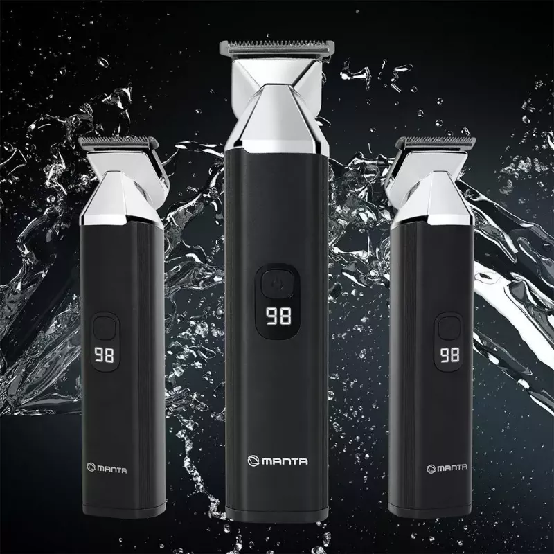 Belaidis įkraunamas plaukų kirpimo aparatas MANTA HT-01BK – USB-C, IPX7 vandeniui atsparus, 90 min baterija, 6 + 4 magnetiniai priedai