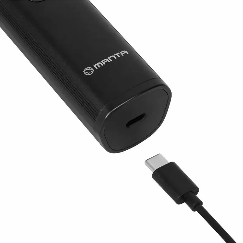 Belaidis įkraunamas plaukų kirpimo aparatas MANTA HT-01BK – USB-C, IPX7 vandeniui atsparus, 90 min baterija, 6 + 4 magnetiniai priedai