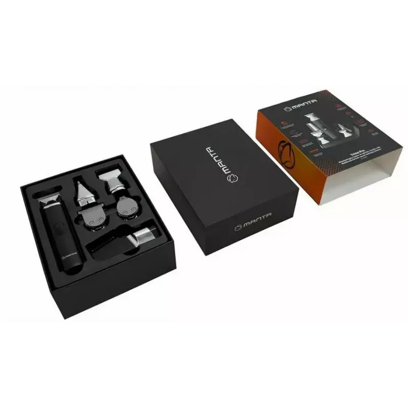 Belaidis įkraunamas plaukų kirpimo aparatas MANTA HT-01BK – USB-C, IPX7 vandeniui atsparus, 90 min baterija, 6 + 4 magnetiniai priedai
