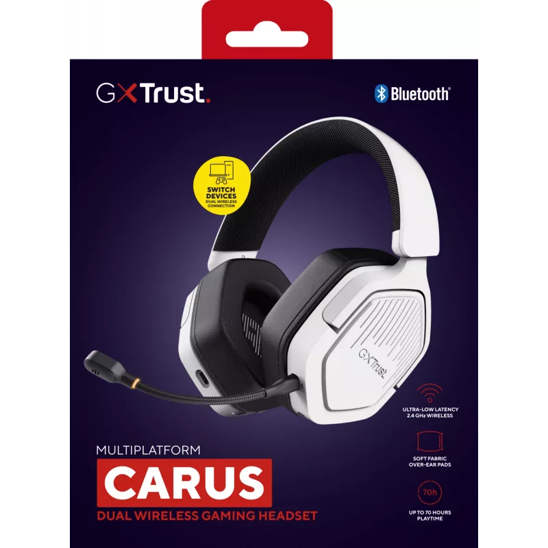 Ausinės Trust GXT 493W Carus belaidės ir laidinės, žaidimų, USB Type-C / USB Type-A Bluetooth, balta
