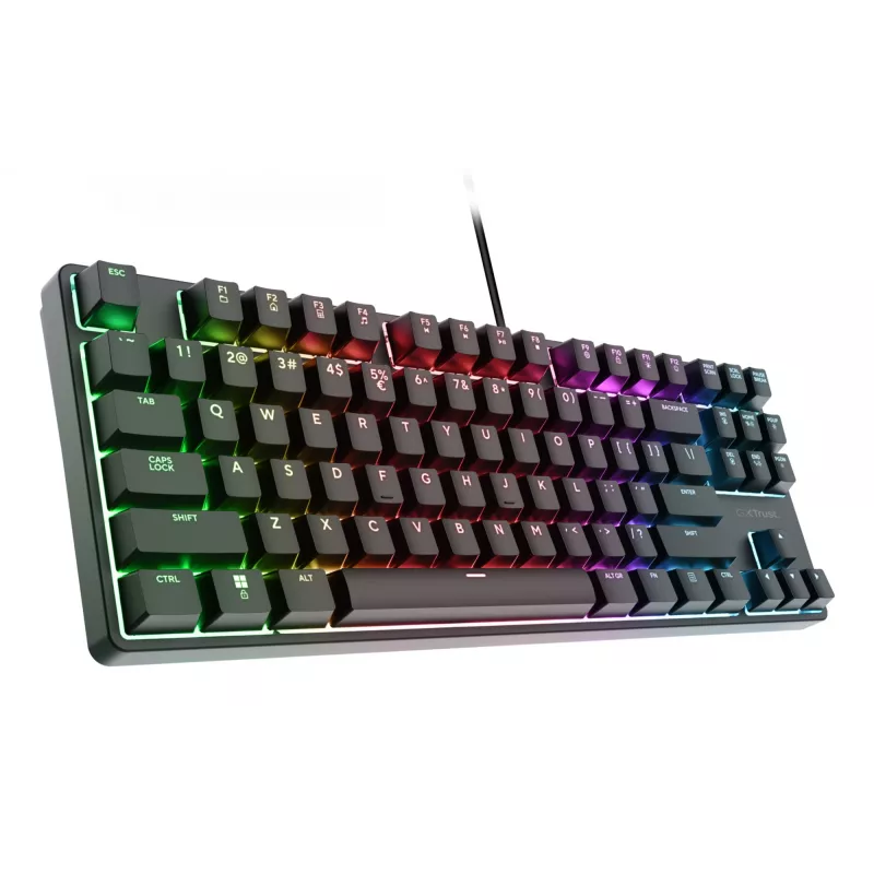 Mechaninė žaidimų klaviatūra TRUST 26135, 80% 87 klavišų, QWERTZ vokiškas išdėstymas, USB laidinė, juoda, 1,8 m laidas