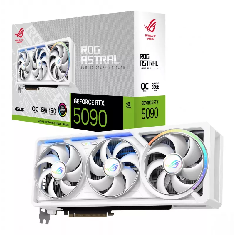 Vaizdo plokštė ASUS ROG Astral GeForce RTX 5090, 32 GB GDDR7, 512 bitų, PCIe 5.0, 3 ventiliatoriai, balta