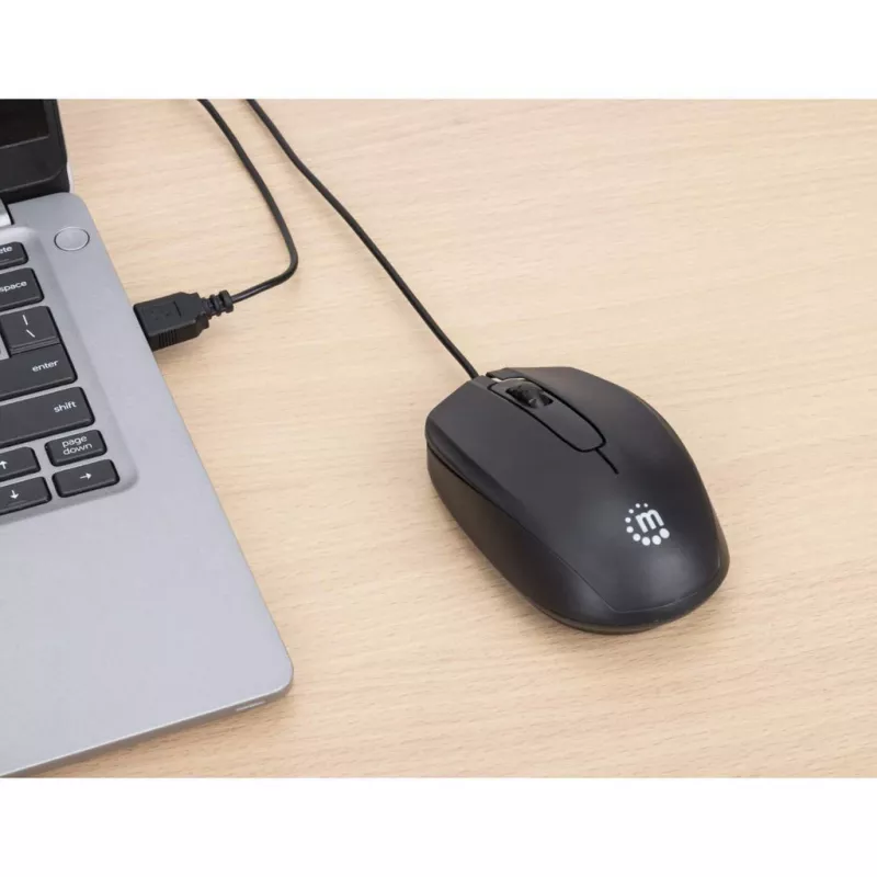 Manhattan Comfort II USB laidinė pelė, juoda, 1000 dpi, USB-A, optinė, ambidekstrinė, kompaktiška, trys mygtukai su slinkties ratuku, trejų metų garantija