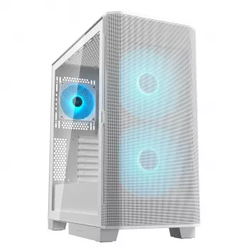 COUGAR Midi Tower korpusas Airface FLO ARGB Baltas — 2x180mm priekyje, 1x120mm gale, palaiko 2,5 colio/3,5 colio HDD, 240×480×509 mm