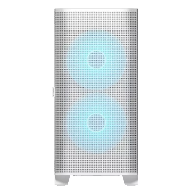 COUGAR Midi Tower korpusas Airface FLO ARGB Baltas — 2x180mm priekyje, 1x120mm gale, palaiko 2,5 colio/3,5 colio HDD, 240×480×509 mm