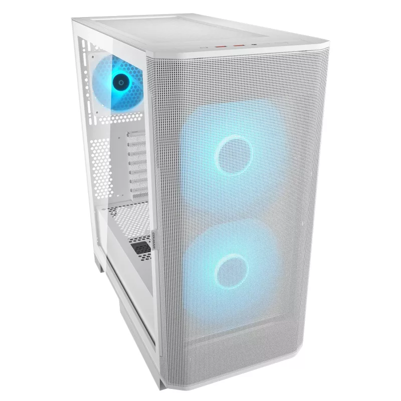 COUGAR Midi Tower korpusas Airface FLO ARGB Baltas — 2x180mm priekyje, 1x120mm gale, palaiko 2,5 colio/3,5 colio HDD, 240×480×509 mm