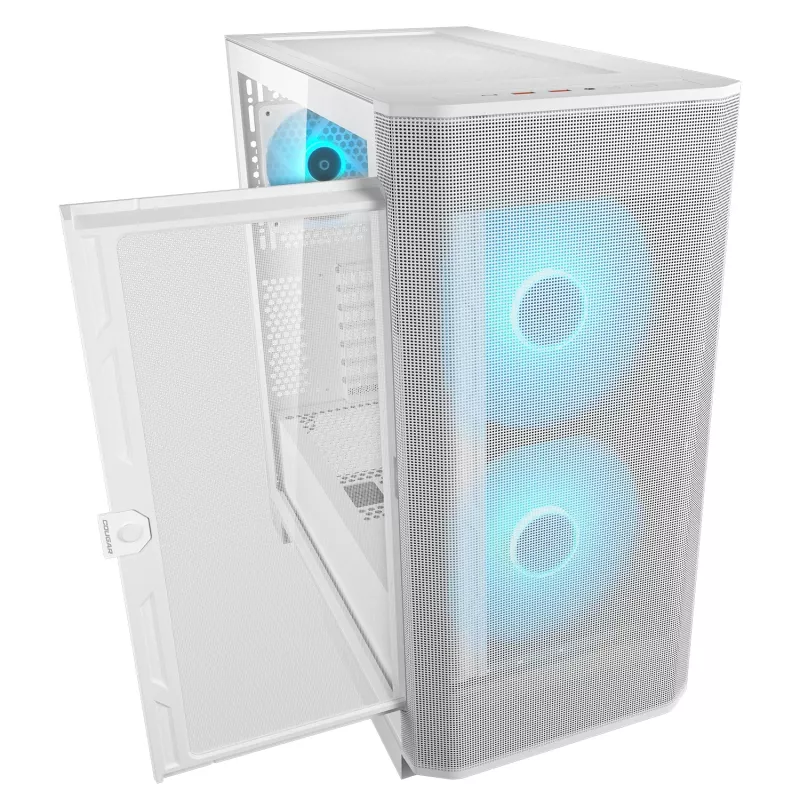 COUGAR Midi Tower korpusas Airface FLO ARGB Baltas — 2x180mm priekyje, 1x120mm gale, palaiko 2,5 colio/3,5 colio HDD, 240×480×509 mm