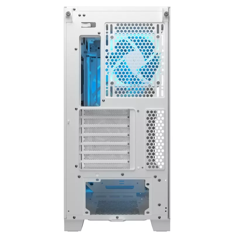 COUGAR Midi Tower korpusas Airface FLO ARGB Baltas — 2x180mm priekyje, 1x120mm gale, palaiko 2,5 colio/3,5 colio HDD, 240×480×509 mm