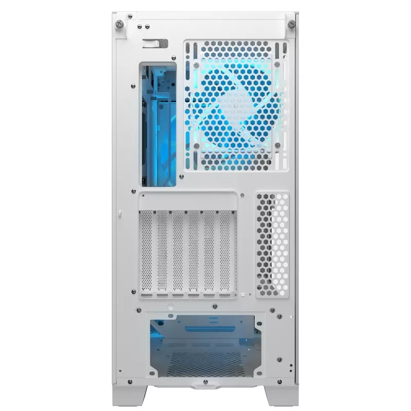 COUGAR Midi Tower korpusas Airface FLO ARGB Baltas — 2x180mm priekyje, 1x120mm gale, palaiko 2,5 colio/3,5 colio HDD, 240×480×509 mm