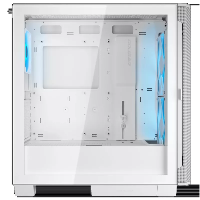 COUGAR Midi Tower korpusas Airface FLO ARGB Baltas — 2x180mm priekyje, 1x120mm gale, palaiko 2,5 colio/3,5 colio HDD, 240×480×509 mm