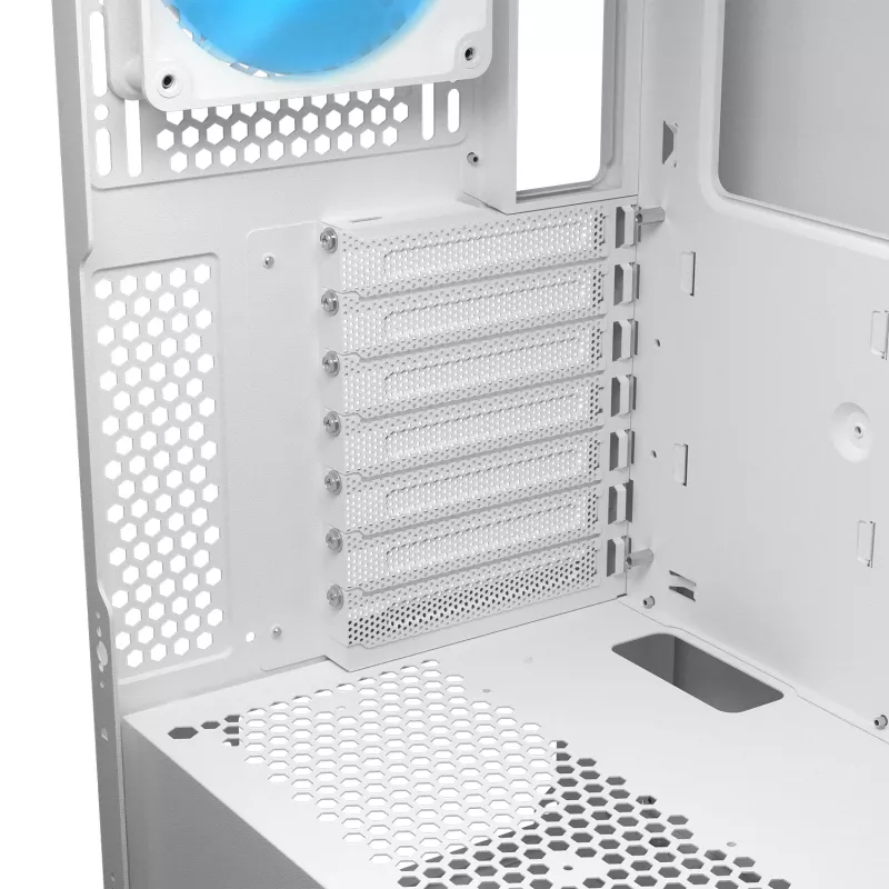 COUGAR Midi Tower korpusas Airface FLO ARGB Baltas — 2x180mm priekyje, 1x120mm gale, palaiko 2,5 colio/3,5 colio HDD, 240×480×509 mm