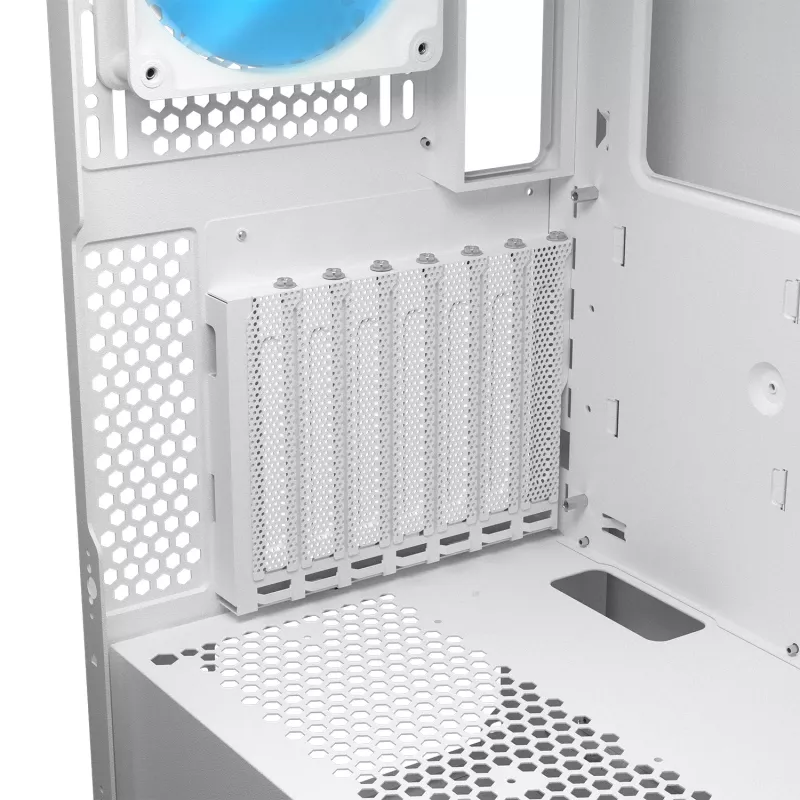 COUGAR Midi Tower korpusas Airface FLO ARGB Baltas — 2x180mm priekyje, 1x120mm gale, palaiko 2,5 colio/3,5 colio HDD, 240×480×509 mm