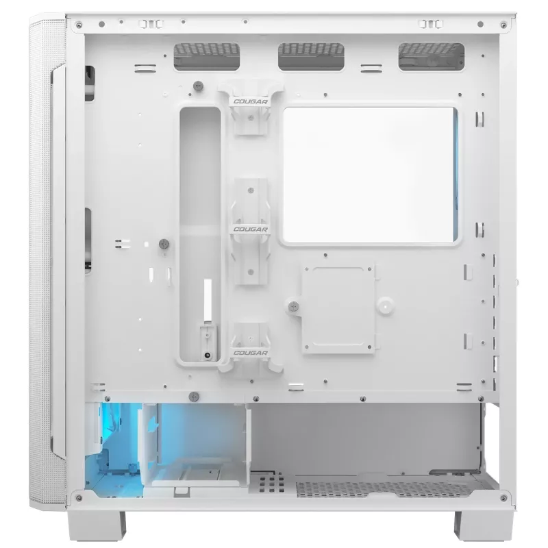 COUGAR Midi Tower korpusas Airface FLO ARGB Baltas — 2x180mm priekyje, 1x120mm gale, palaiko 2,5 colio/3,5 colio HDD, 240×480×509 mm