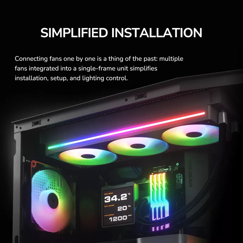 COUGAR Unity240-FB 120 mm ARGB PWM priekinis ventiliatorius (vieno rėmo, 700–2500 RPM, FDB, 5.4 mmH2O, baltas)
