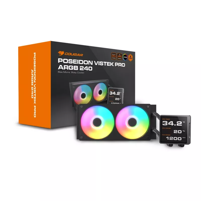 All-in-one CPU skysčio aušintuvas Cougar Poseidon Vistek Pro 240, ARGB, 120 mm ventiliatoriai, 700–2500 RPM, Juodas