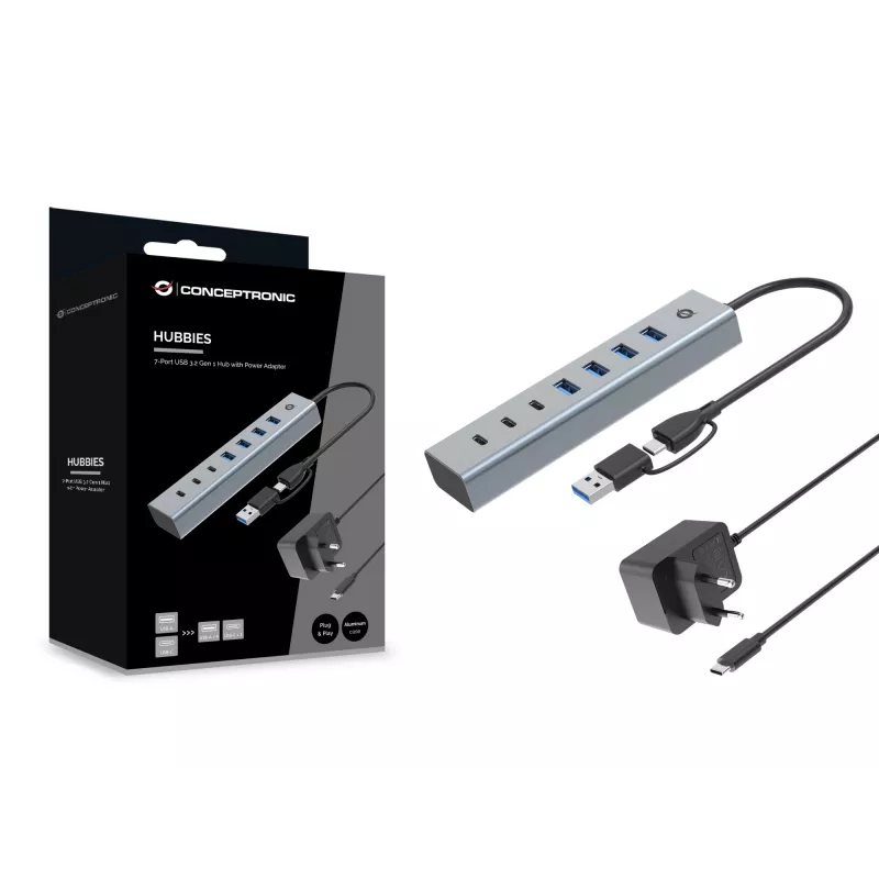 Conceptronic HUBBIES20GP 7 prievadų USB 3.0 šakotuvas su maitinimo adapteriu, 5Gbps, USB-C x 3, USB-A x 4