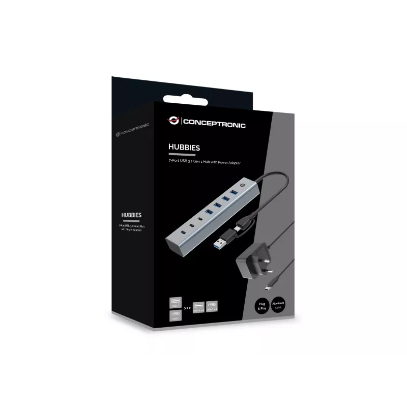 Conceptronic HUBBIES20GP 7 prievadų USB 3.0 šakotuvas su maitinimo adapteriu, 5Gbps, USB-C x 3, USB-A x 4