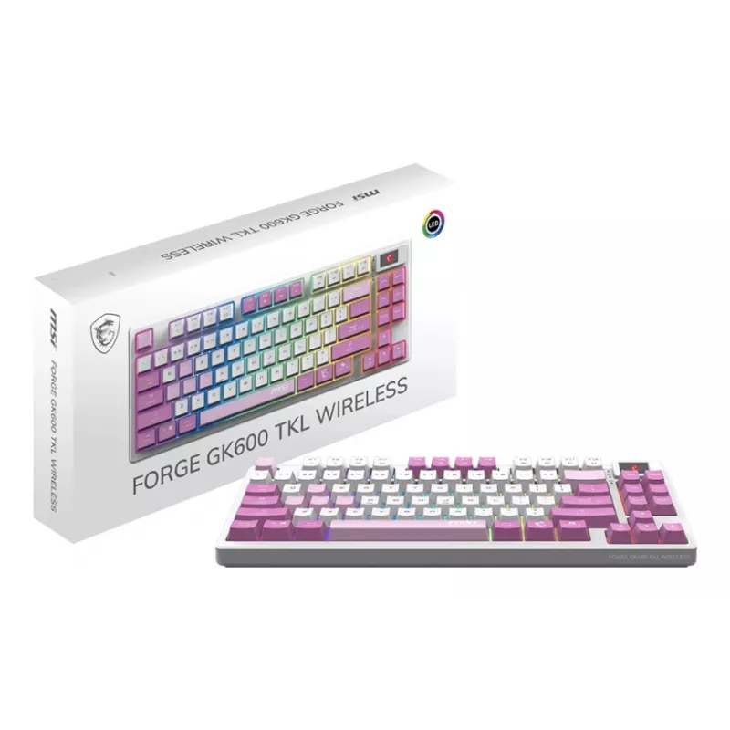 MSI FORGE GK600 TKL WIRELESS VIOLET klaviatūra žaidimams USB + Bluetooth QWERTY ispaniška Rožinė, Violetinė, Balta