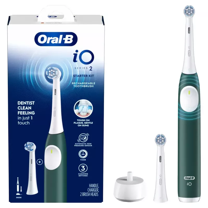 BRAUN iO2 elektrinis dantų šepetėlis suaugusiems, įkraunamas, 3 režimai, slėgio jutiklis, 2 antgaliai, Forest Green