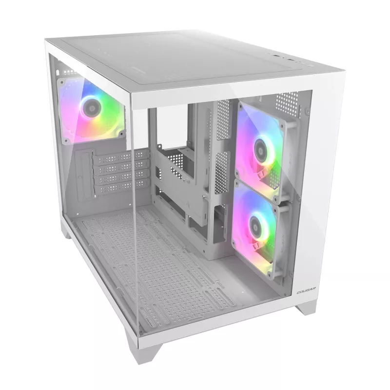 Mini bokštinis kompiuterio korpusas Cougar FV150 ARGB White – Micro-ATX / Mini-ITX, šoninis langas, 2x120mm + 1x120mm ventiliatoriai, 2,5 colio ir 3,5 colio vietos