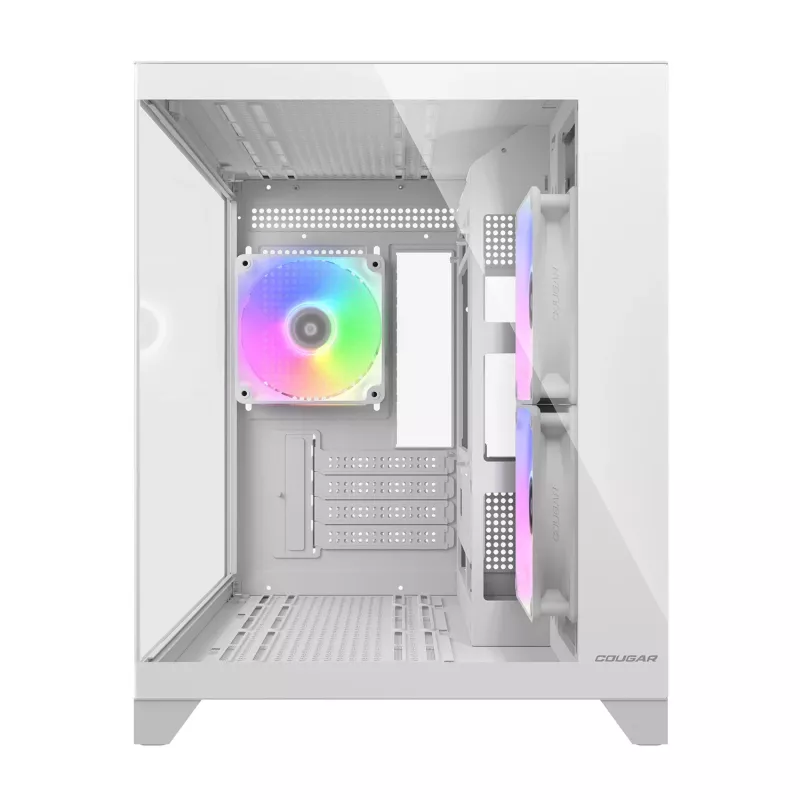 Mini bokštinis kompiuterio korpusas Cougar FV150 ARGB White – Micro-ATX / Mini-ITX, šoninis langas, 2x120mm + 1x120mm ventiliatoriai, 2,5 colio ir 3,5 colio vietos