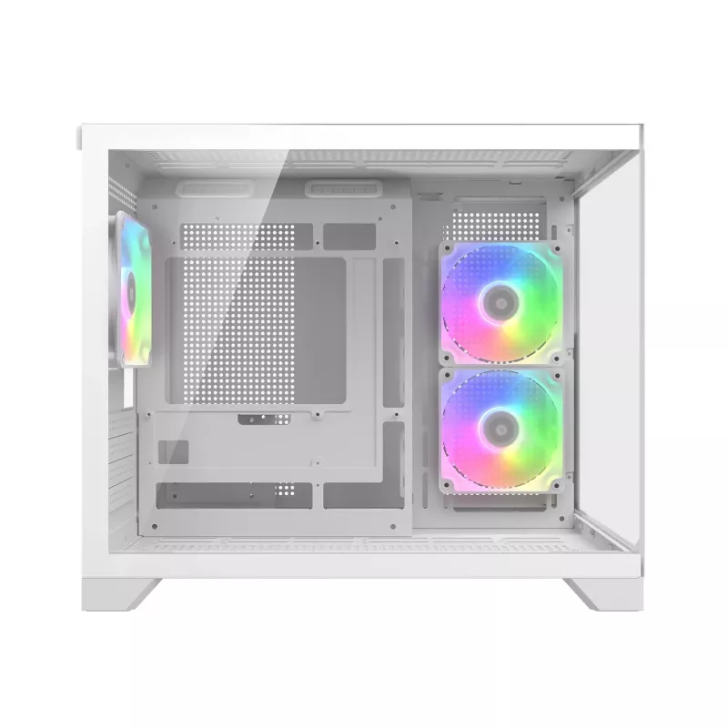 Mini bokštinis kompiuterio korpusas Cougar FV150 ARGB White – Micro-ATX / Mini-ITX, šoninis langas, 2x120mm + 1x120mm ventiliatoriai, 2,5 colio ir 3,5 colio vietos