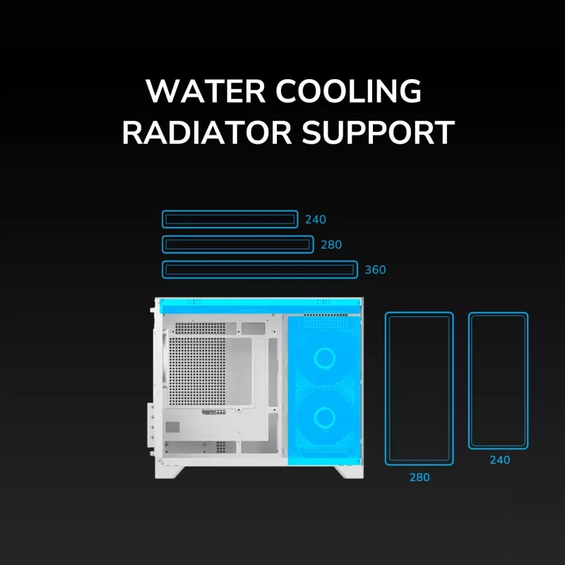 Mini bokštinis kompiuterio korpusas Cougar FV150 ARGB White – Micro-ATX / Mini-ITX, šoninis langas, 2x120mm + 1x120mm ventiliatoriai, 2,5 colio ir 3,5 colio vietos