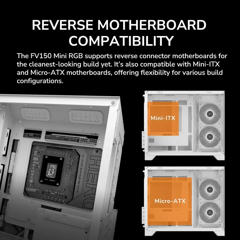 Mini bokštinis kompiuterio korpusas Cougar FV150 ARGB White – Micro-ATX / Mini-ITX, šoninis langas, 2x120mm + 1x120mm ventiliatoriai, 2,5 colio ir 3,5 colio vietos