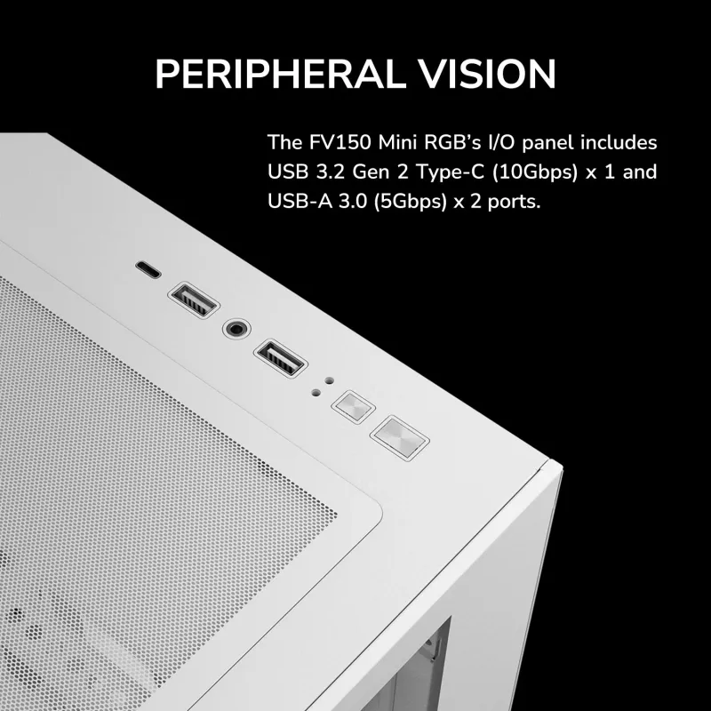 Mini bokštinis kompiuterio korpusas Cougar FV150 ARGB White – Micro-ATX / Mini-ITX, šoninis langas, 2x120mm + 1x120mm ventiliatoriai, 2,5 colio ir 3,5 colio vietos
