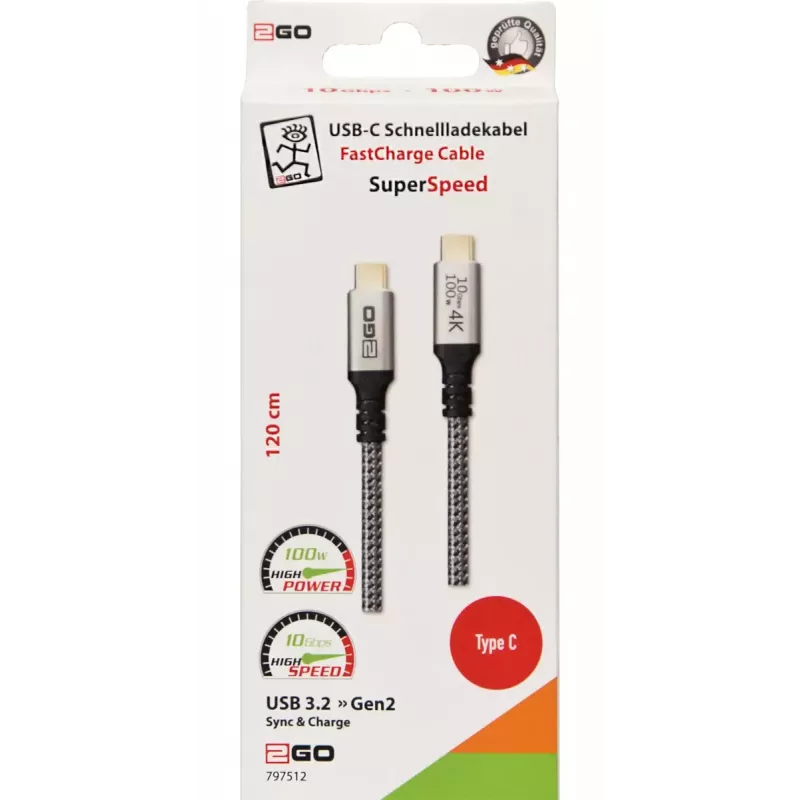 USB laidas 2GO 797512 USB 3.2 Gen 2 1,2 m USB C juodas sidabrinis