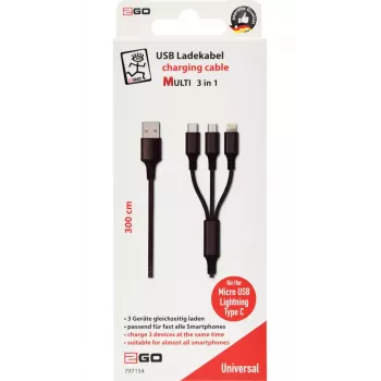 USB laidas 2GO 797154 3m USB B USB C/Micro-USB B/Lightning juodas