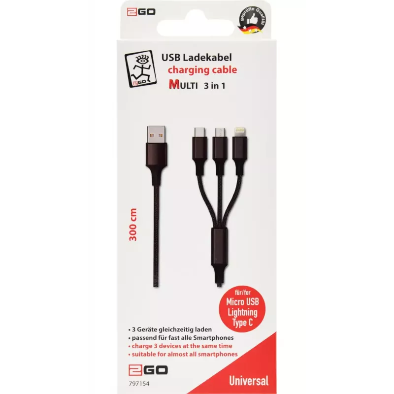 USB laidas 2GO 797154 3m USB B USB C/Micro-USB B/Lightning juodas