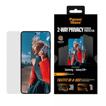 PanzerGlass 2-Way Privacy apsauginė plėvelė Samsung New Galaxy S 2026 Plus – itin plati PET su FASTFIT sistema