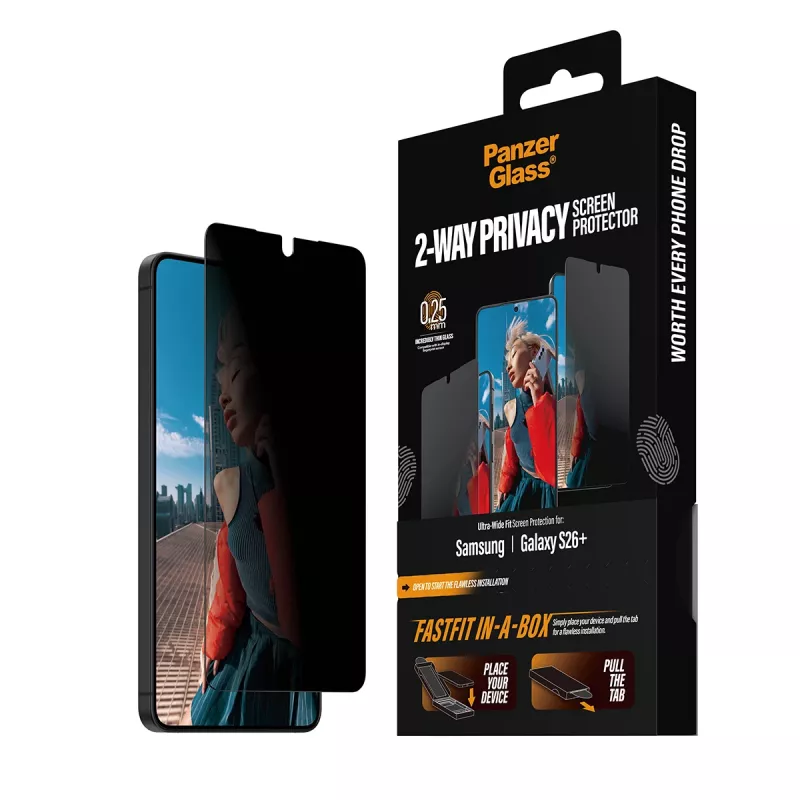 PanzerGlass 2-Way Privacy apsauginė plėvelė Samsung New Galaxy S 2026 Plus – itin plati PET su FASTFIT sistema