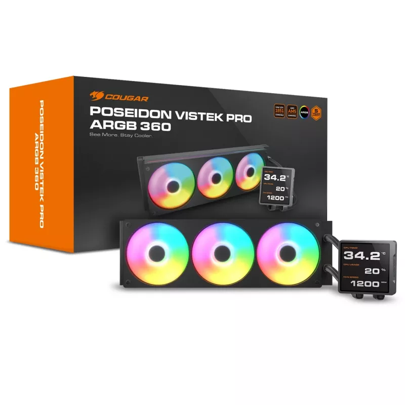All-in-one procesoriaus skystinis aušintuvas Cougar Poseidon Vistek Pro 360, ARGB, 120 mm ventiliatoriai, juodas, daugializdė atrama