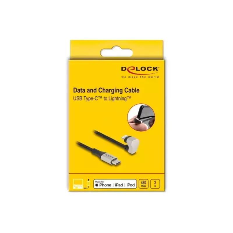 Duomenų ir įkrovimo laidas DeLOCK USB Type-C į Lightning 180° kampu 2 m MFi
