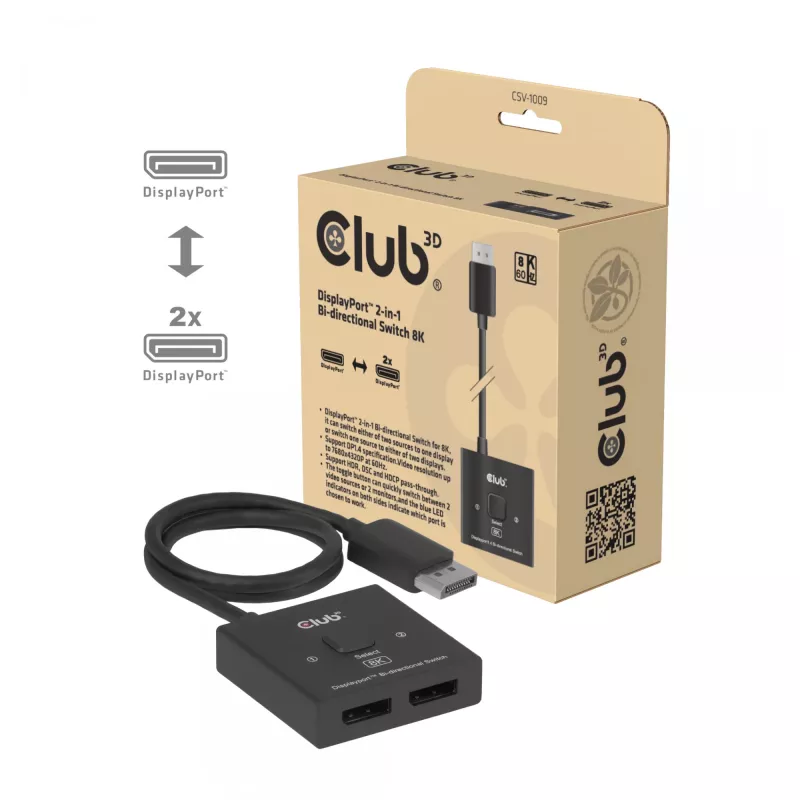 CLUB3D CSV-1009 DisplayPort 2 į 1 krypties jungiklis — 2x DisplayPort išėjimai, 8K@60Hz, juodas