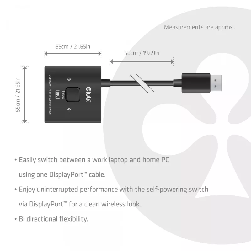 CLUB3D CSV-1009 DisplayPort 2 į 1 krypties jungiklis — 2x DisplayPort išėjimai, 8K@60Hz, juodas