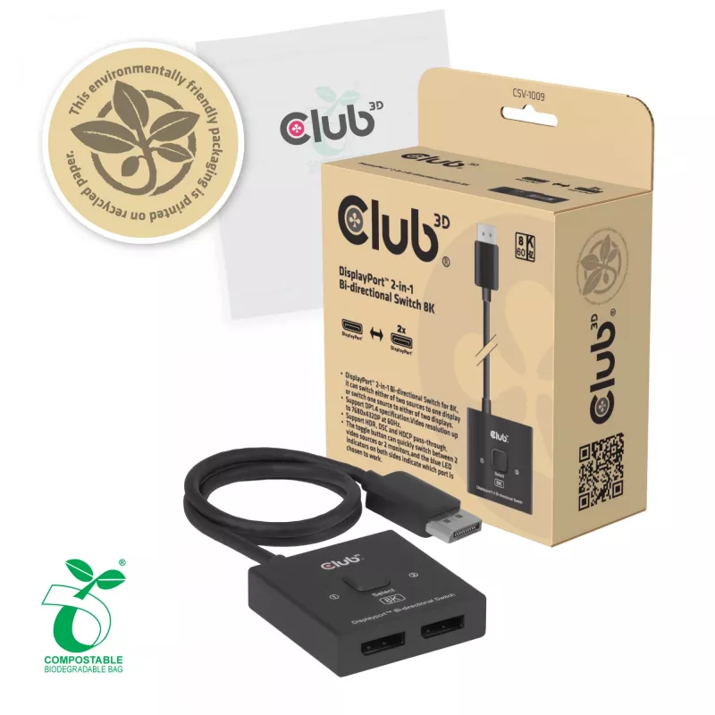 CLUB3D CSV-1009 DisplayPort 2 į 1 krypties jungiklis — 2x DisplayPort išėjimai, 8K@60Hz, juodas