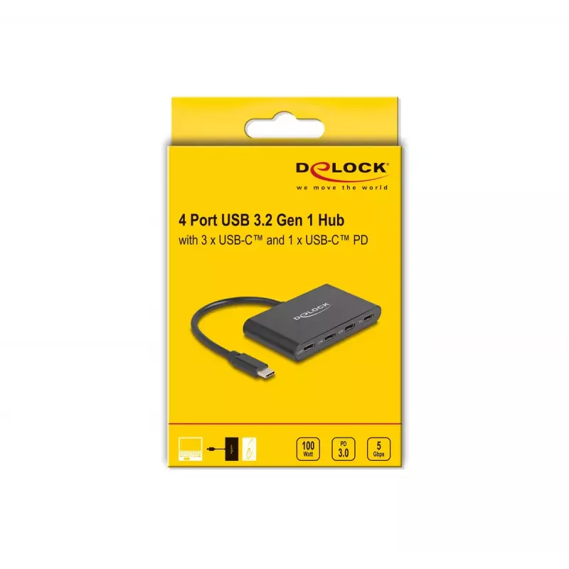 DeLOCK USB 3.2 Gen 1 USB Type-C šakotuvas 3x USB Type-C moterų + 1x USB Type-C PD 100W