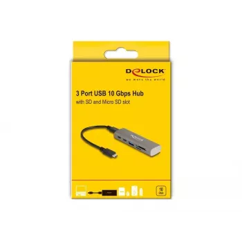 DeLOCK 3 prievadų USB 10 Gbps šakotuvas su SD Micro SD kortelių skaitytuvu, USB Type-C